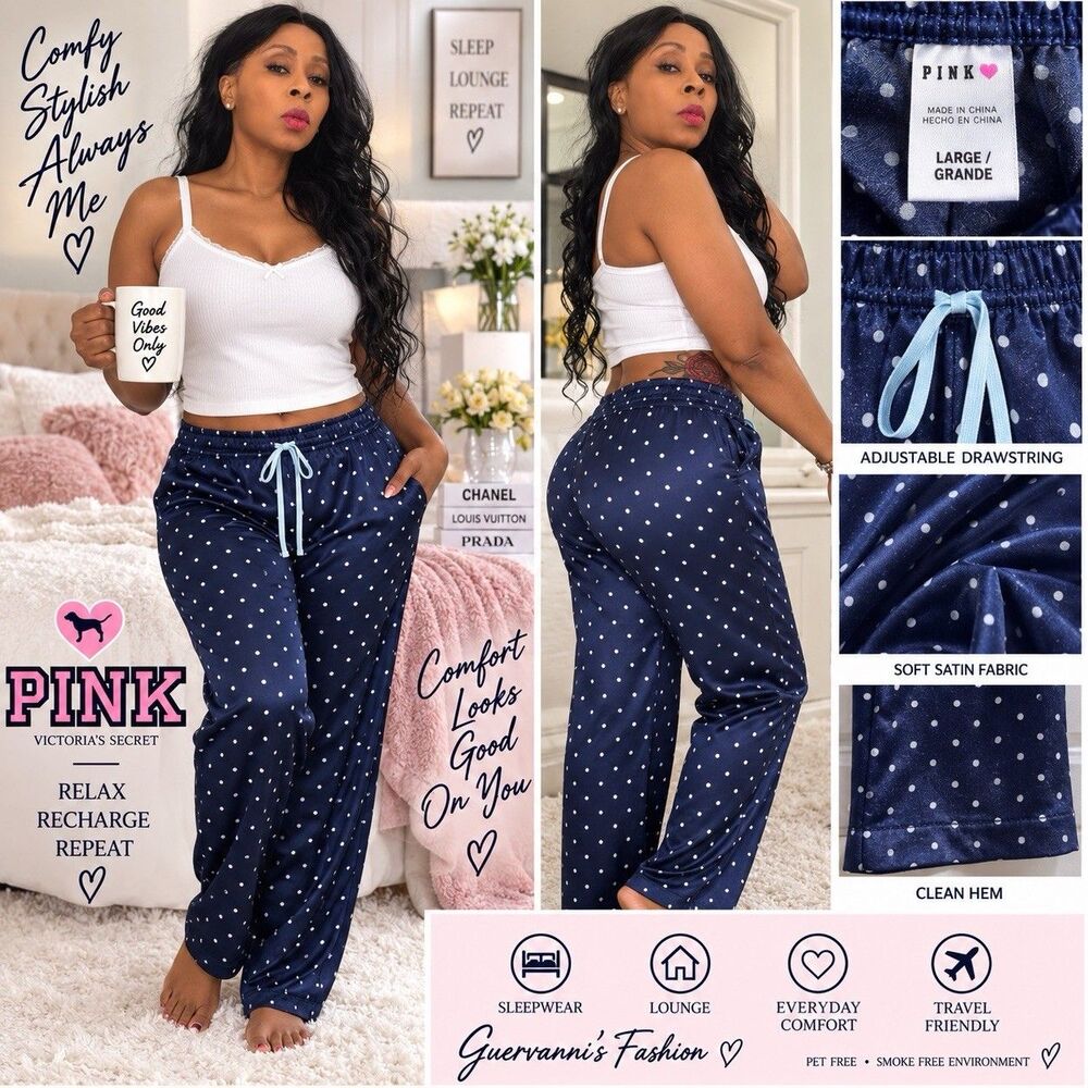 Victoria's Secret PINK WOMENS Drawstring Pocket Pajama Pants L Navy Blue Polka D